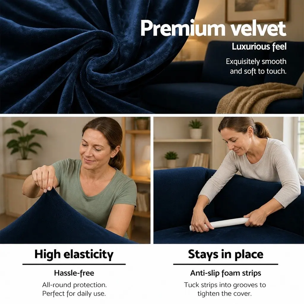 4 Seater Sofa Cover for Living Room Velvet Navy Blue Stretchable Anti-Slip