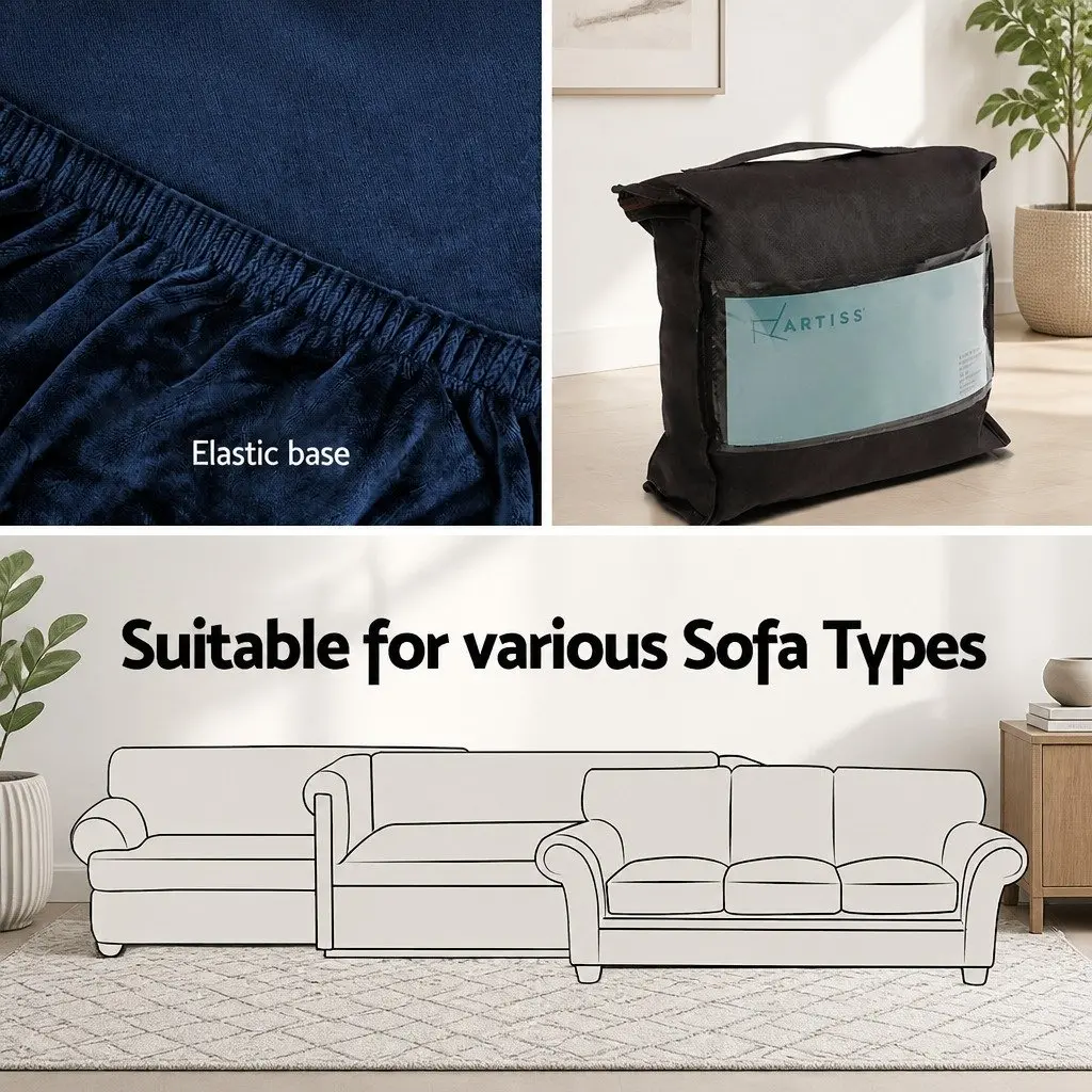 4 Seater Sofa Cover for Living Room Velvet Navy Blue Stretchable Anti-Slip