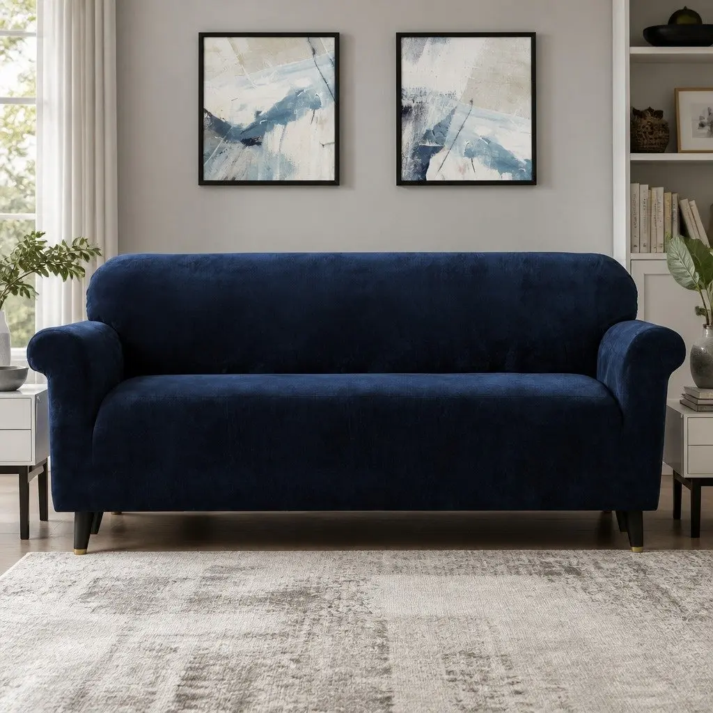 4 Seater Sofa Cover for Living Room Velvet Navy Blue Stretchable Anti-Slip