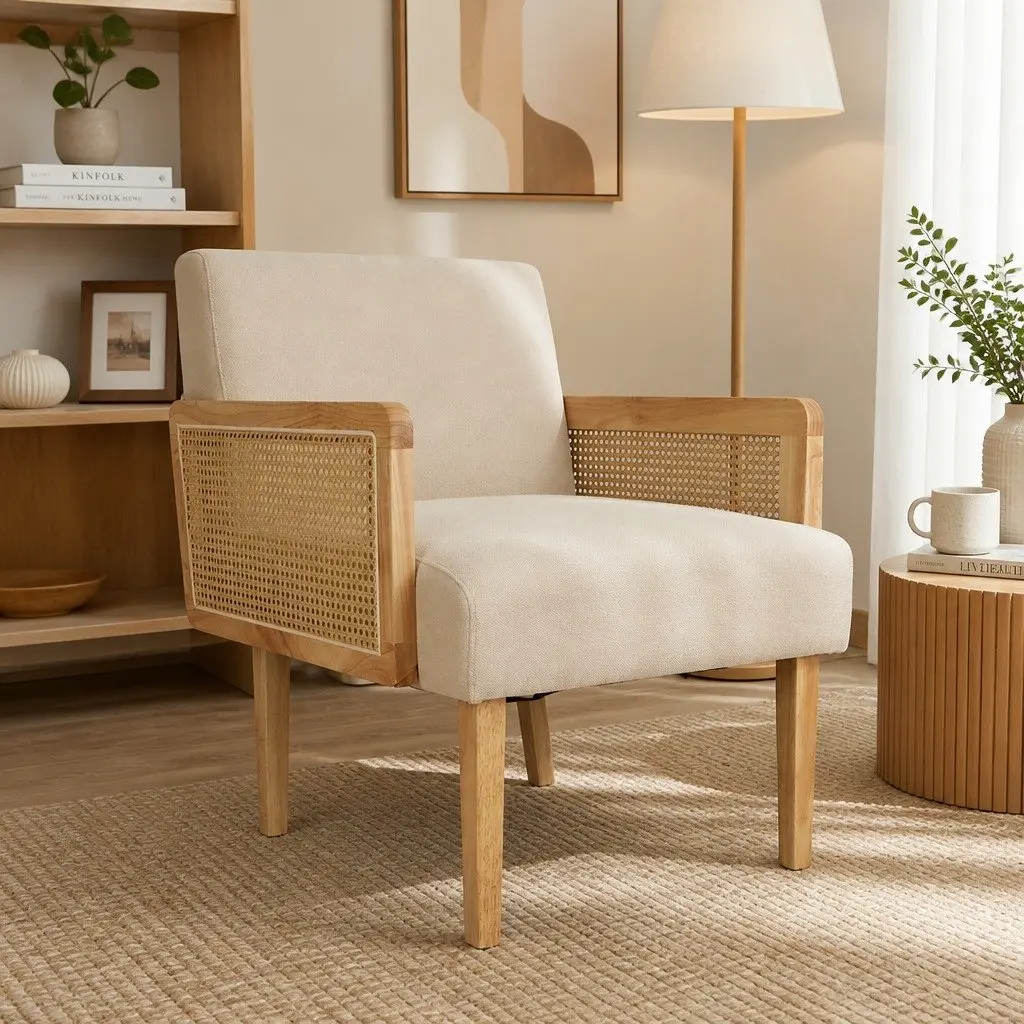 Rattan Lounge Armchair with Linen Fabric Cushioned Seat Backrest Rubberwood