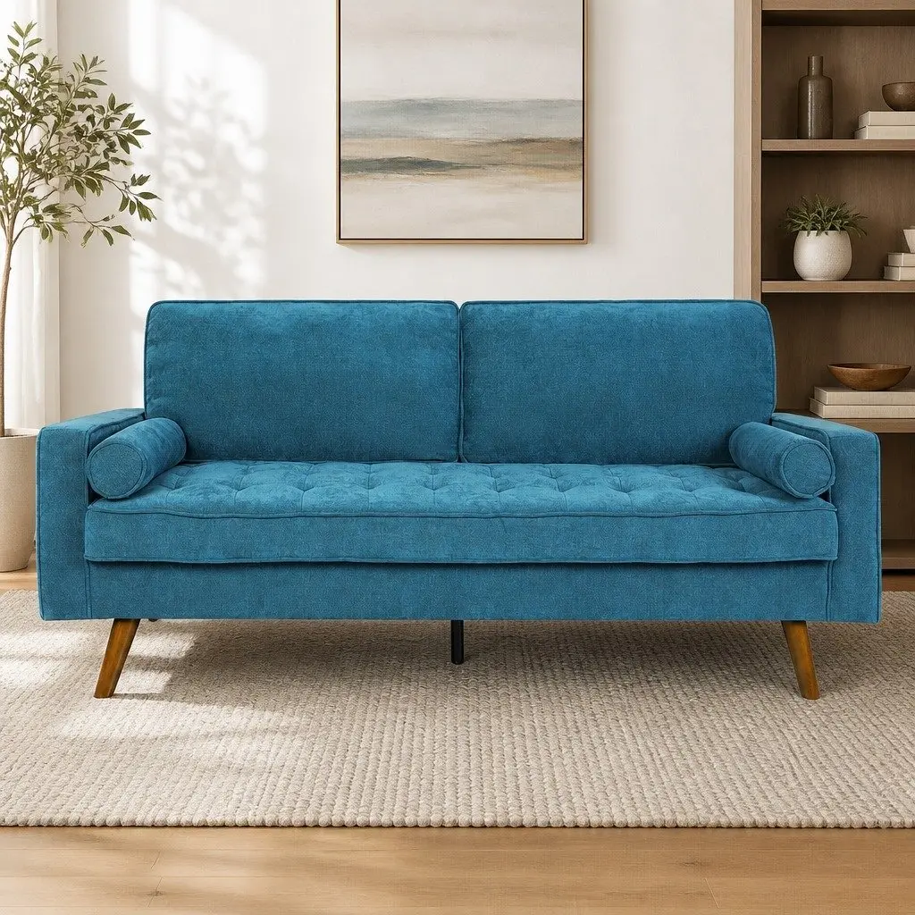191cm Blue Linen 3 Seater Sofa