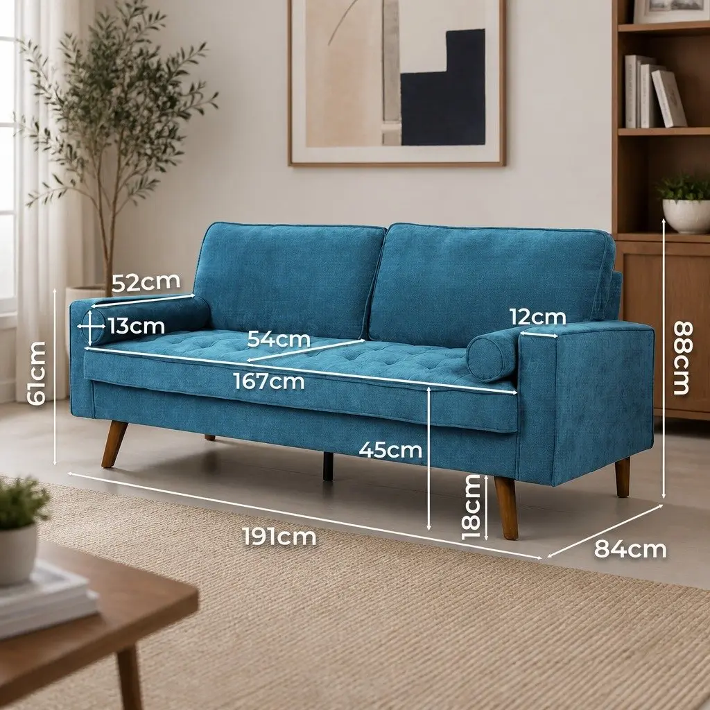 191cm Blue Linen 3 Seater Sofa