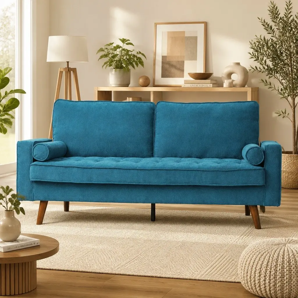 191cm Blue Linen 3 Seater Sofa