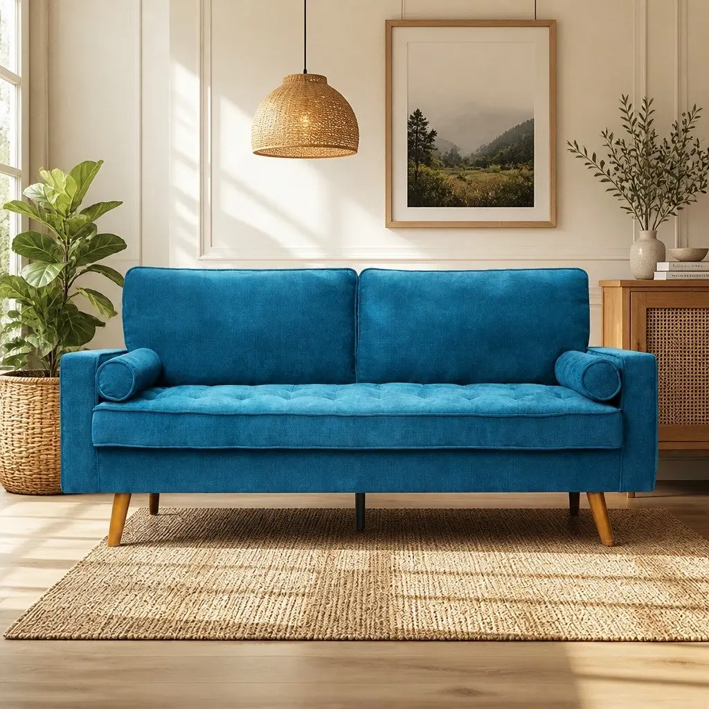 191cm Blue Linen 3 Seater Sofa