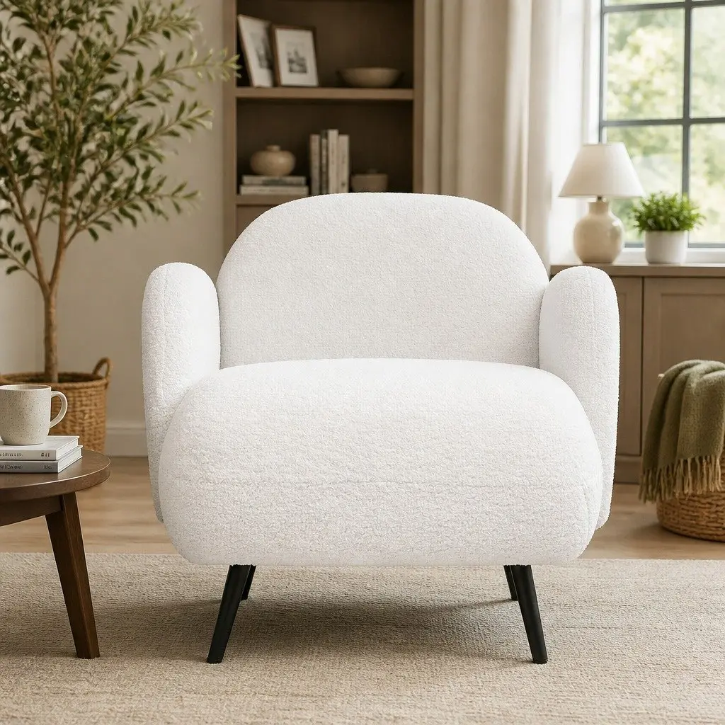 Single Sofa Chair Fleece Upholstered Armchair Lounge Seat White Relax Furniture