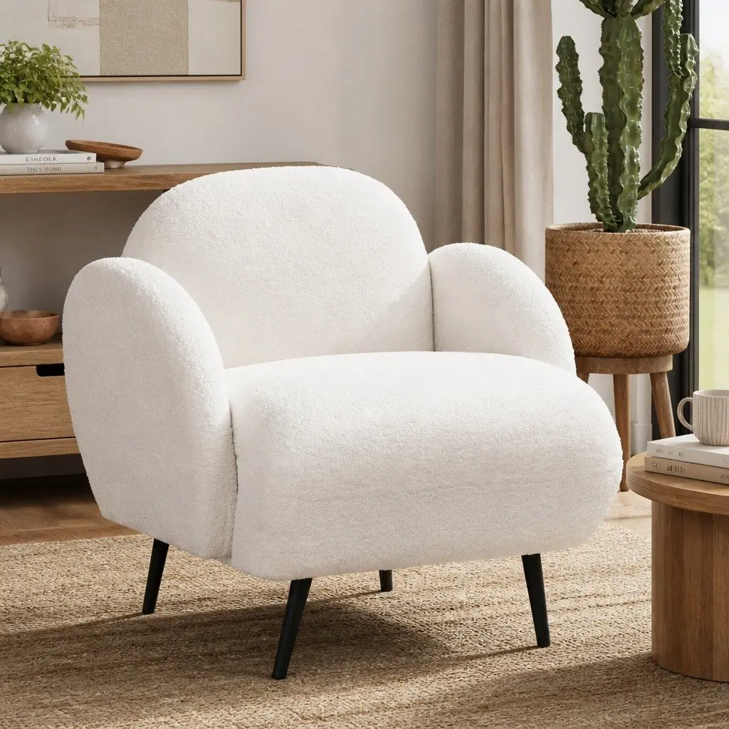 Single Sofa Chair Fleece Upholstered Armchair Lounge Seat White Relax Furniture