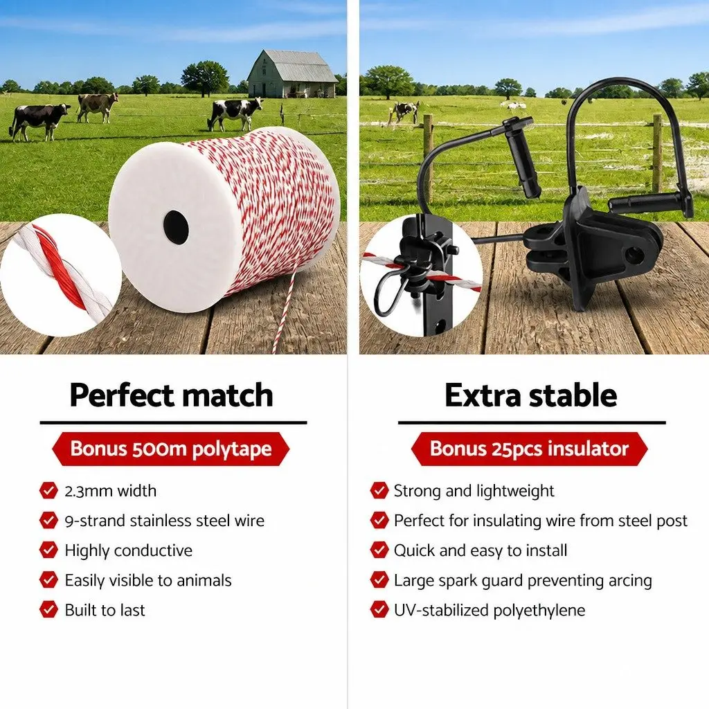 Solar Electric Fence Energiser 3km Livestock Farm Fencing Kit with Polywire