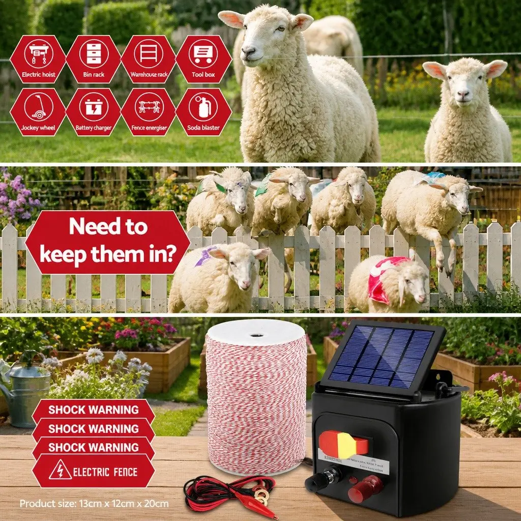 Solar Electric Fence Energiser 5KM Livestock Farm Pet Control Poly Wire Included