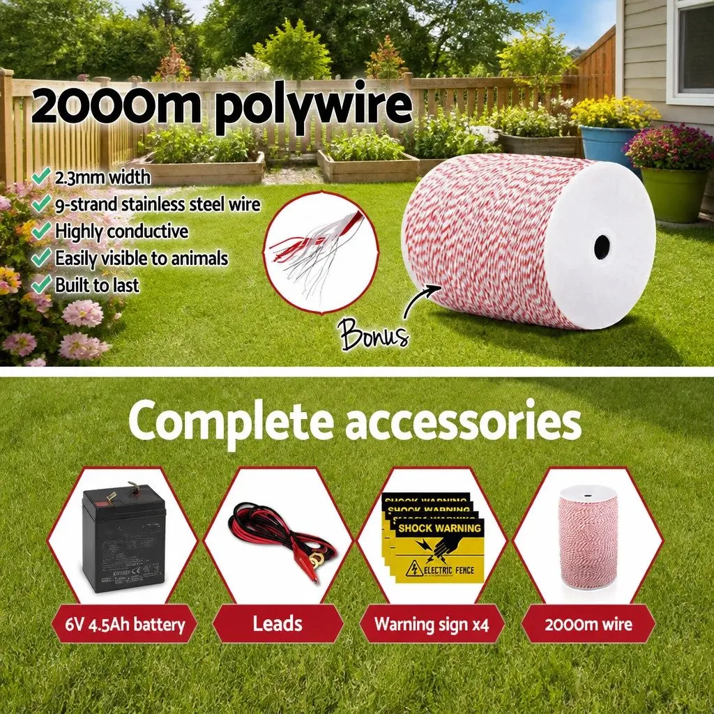 Solar Electric Fence Energiser 5KM Livestock Farm Pet Control Poly Wire Included