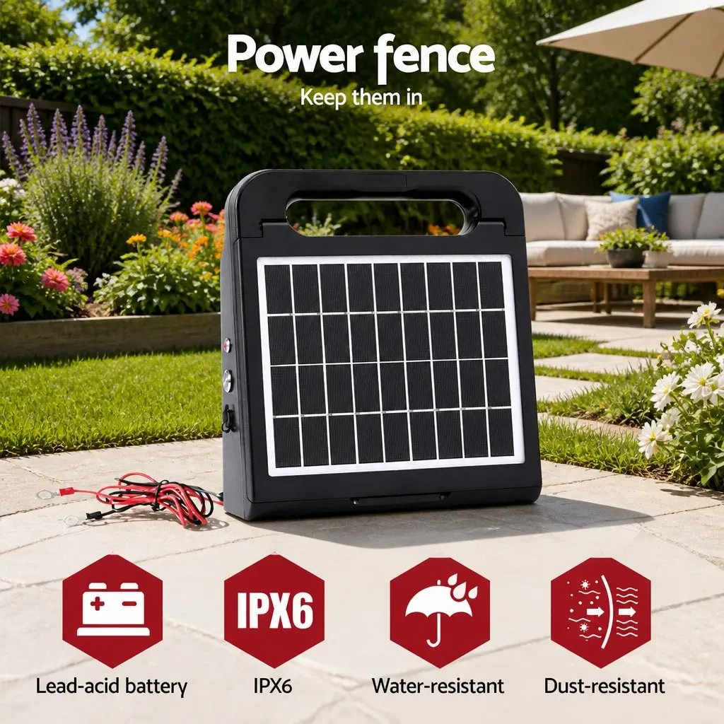 Solar Electric Fence Energiser 10km Farm Animal Charger Black Water-Resistant