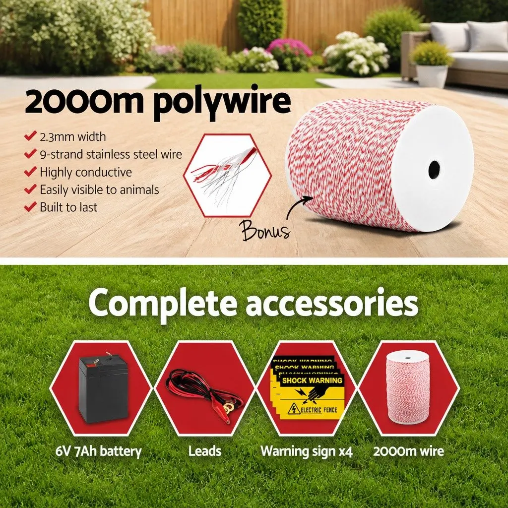 Solar Electric Fence Energiser for Farm Use 8KM with Poly Wire Kit