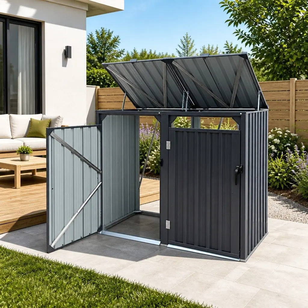 Double Wheelie Bin Storage Shed Outdoor Garden Steel Enclosure for Two Bins 148cm x 80cm x 122cm
