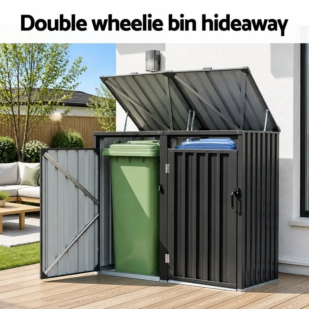 Double Wheelie Bin Storage Shed Outdoor Garden Steel Enclosure for Two Bins 148cm x 80cm x 122cm