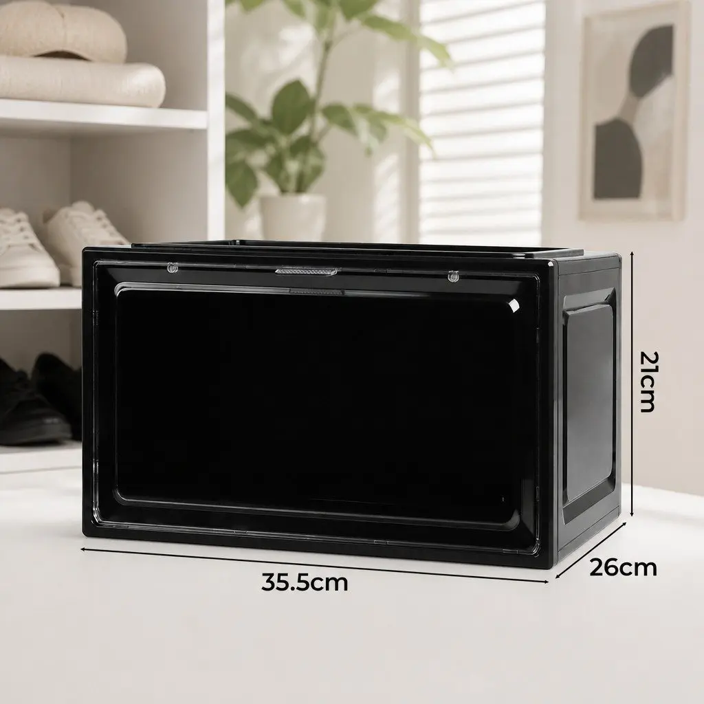 Stackable Shoe Storage Box Clear Front Drop Door Organiser 6PC Black