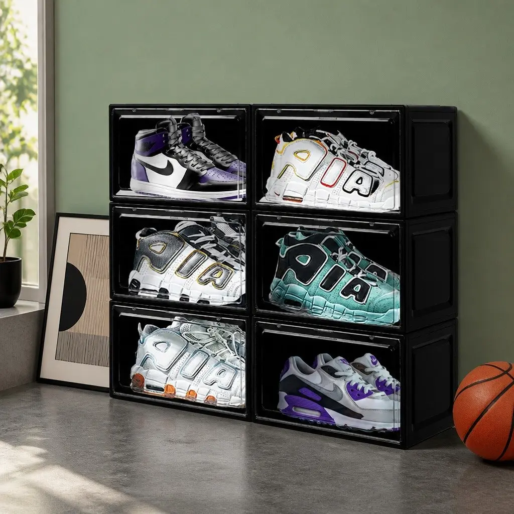 Stackable Shoe Storage Box Clear Front Drop Door Organiser 6PC Black