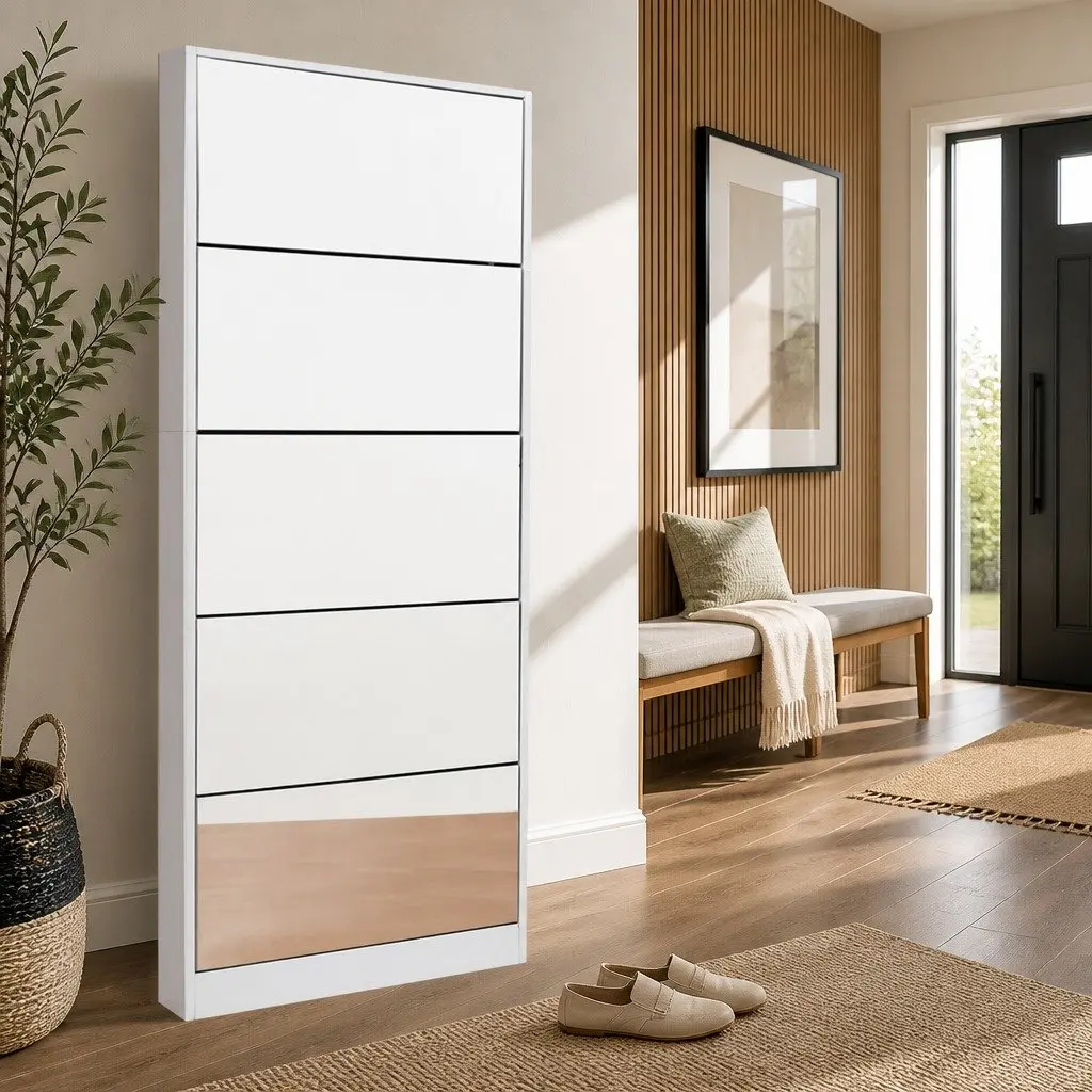 Shoe Rack Cabinet for Living Room with Full-Length Mirror 63cm x 17cm x 170cm White Furniture