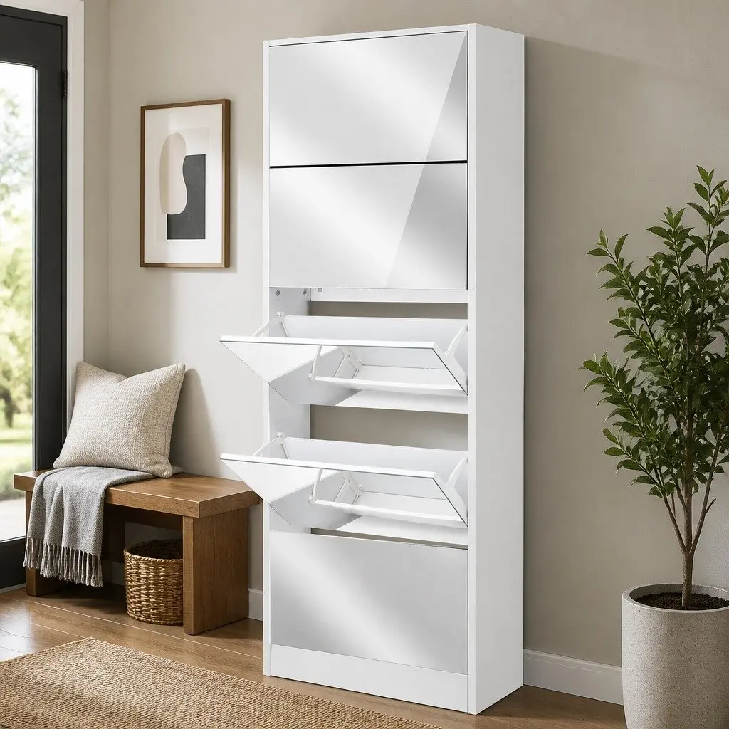Shoe Rack Cabinet for Living Room with Full-Length Mirror 63cm x 17cm x 170cm White Furniture