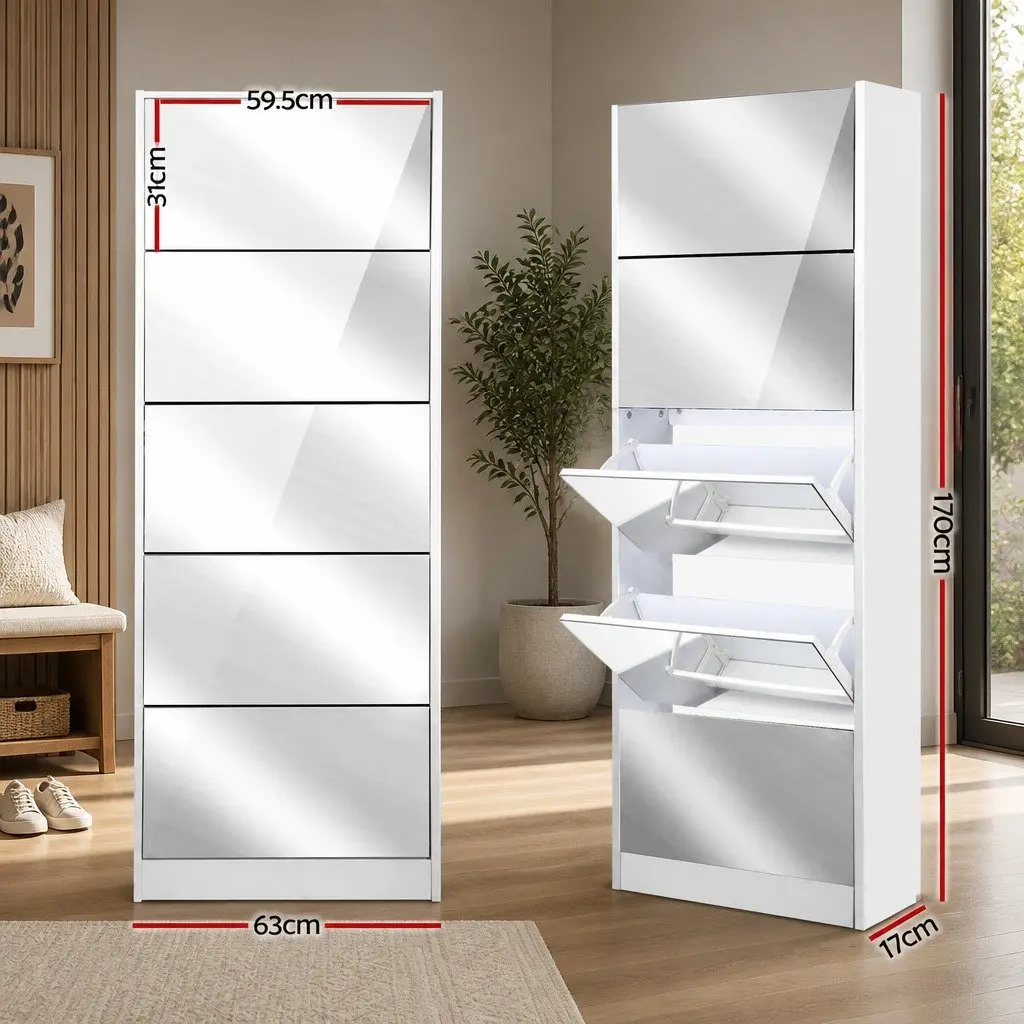 Shoe Rack Cabinet for Living Room with Full-Length Mirror 63cm x 17cm x 170cm White Furniture