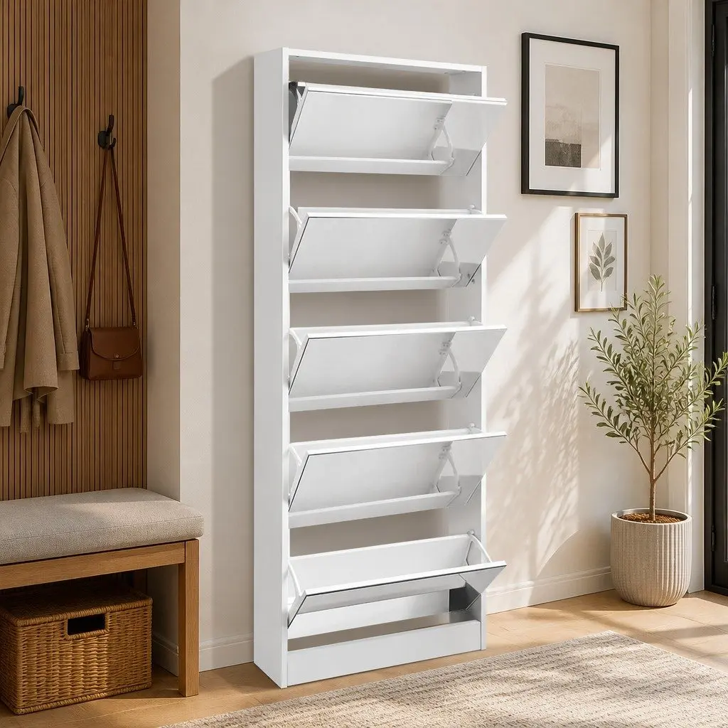 Shoe Rack Cabinet for Living Room with Full-Length Mirror 63cm x 17cm x 170cm White Furniture