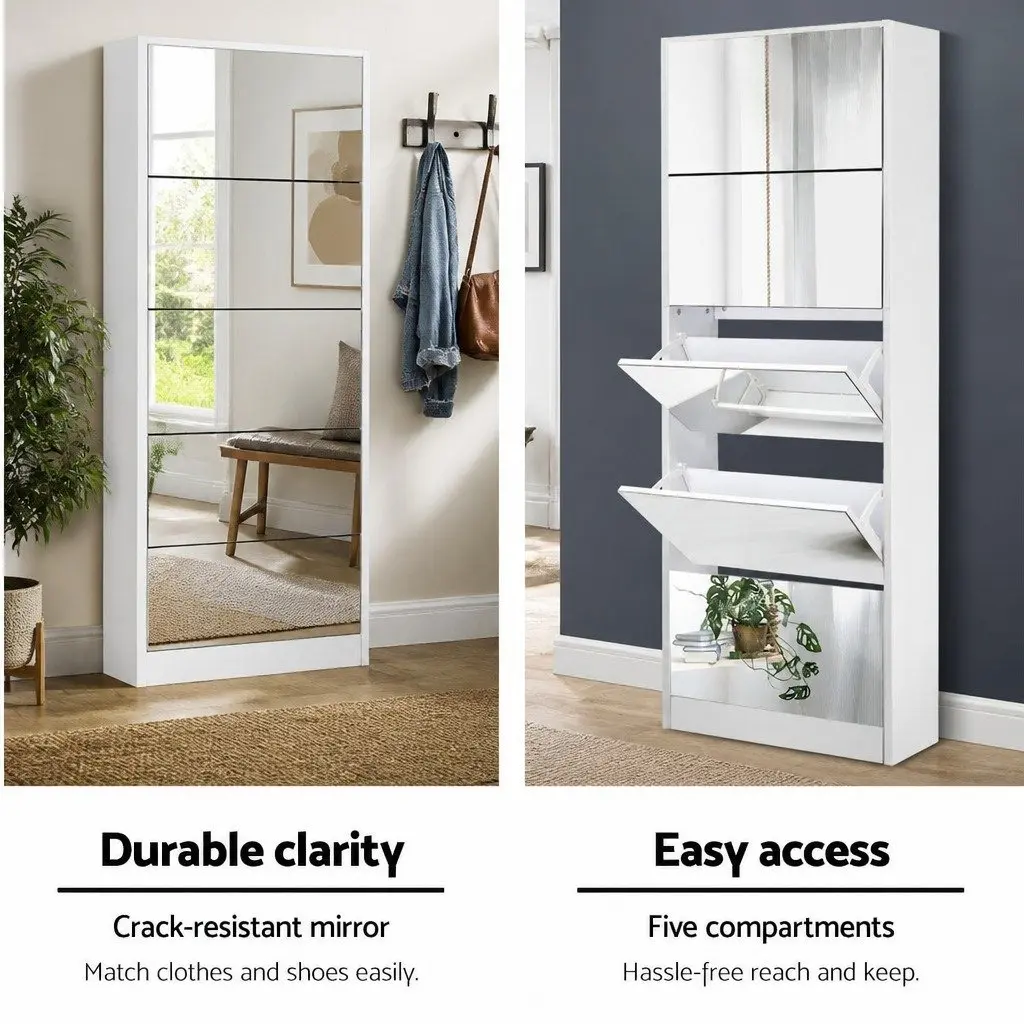 Shoe Rack Cabinet for Living Room with Full-Length Mirror 63cm x 17cm x 170cm White Furniture