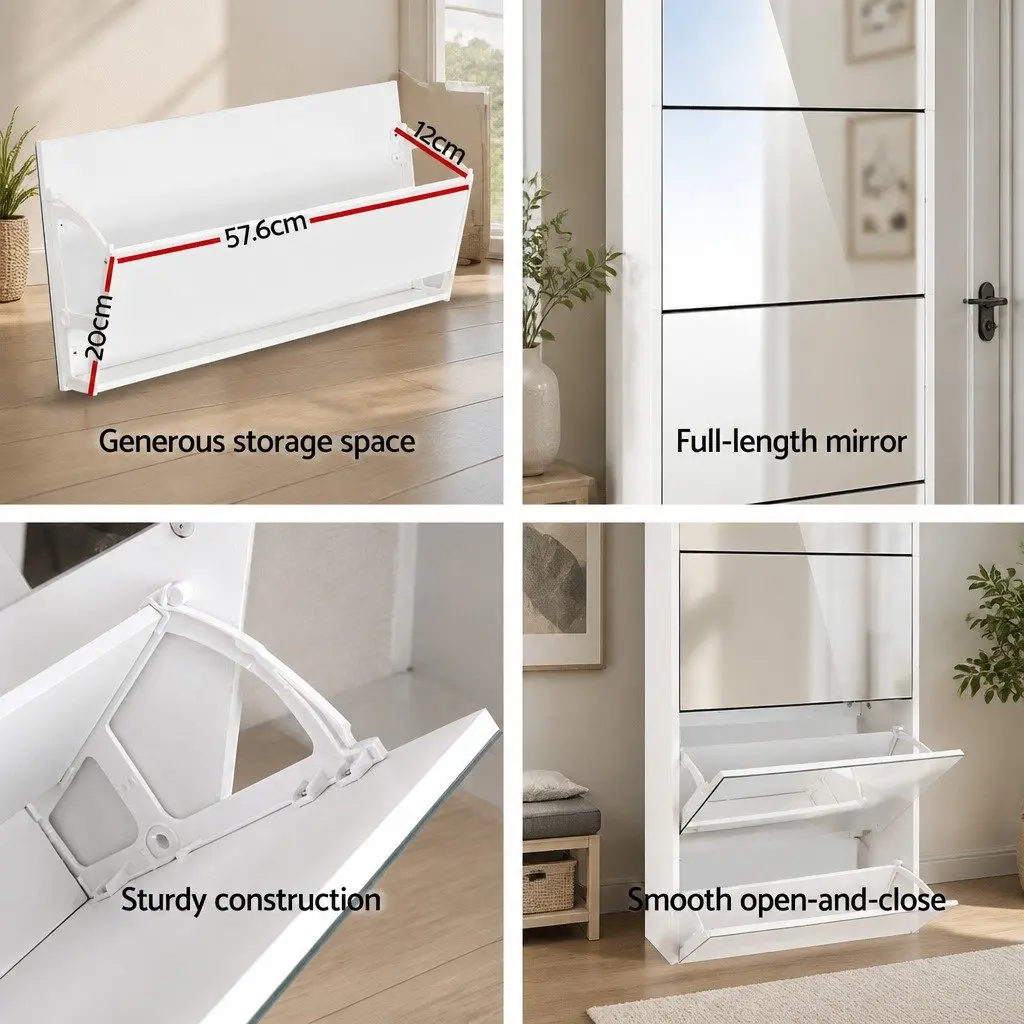 Shoe Rack Cabinet for Living Room with Full-Length Mirror 63cm x 17cm x 170cm White Furniture