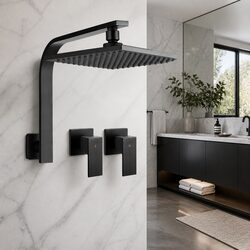 8 Inch Rain Shower Head Wall Arm Square Matte Black Twins Tap Set Bathroom
