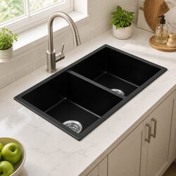Double Bowl Kitchen Sink 77x45cm Black Granite Stone Composite Bench Mount