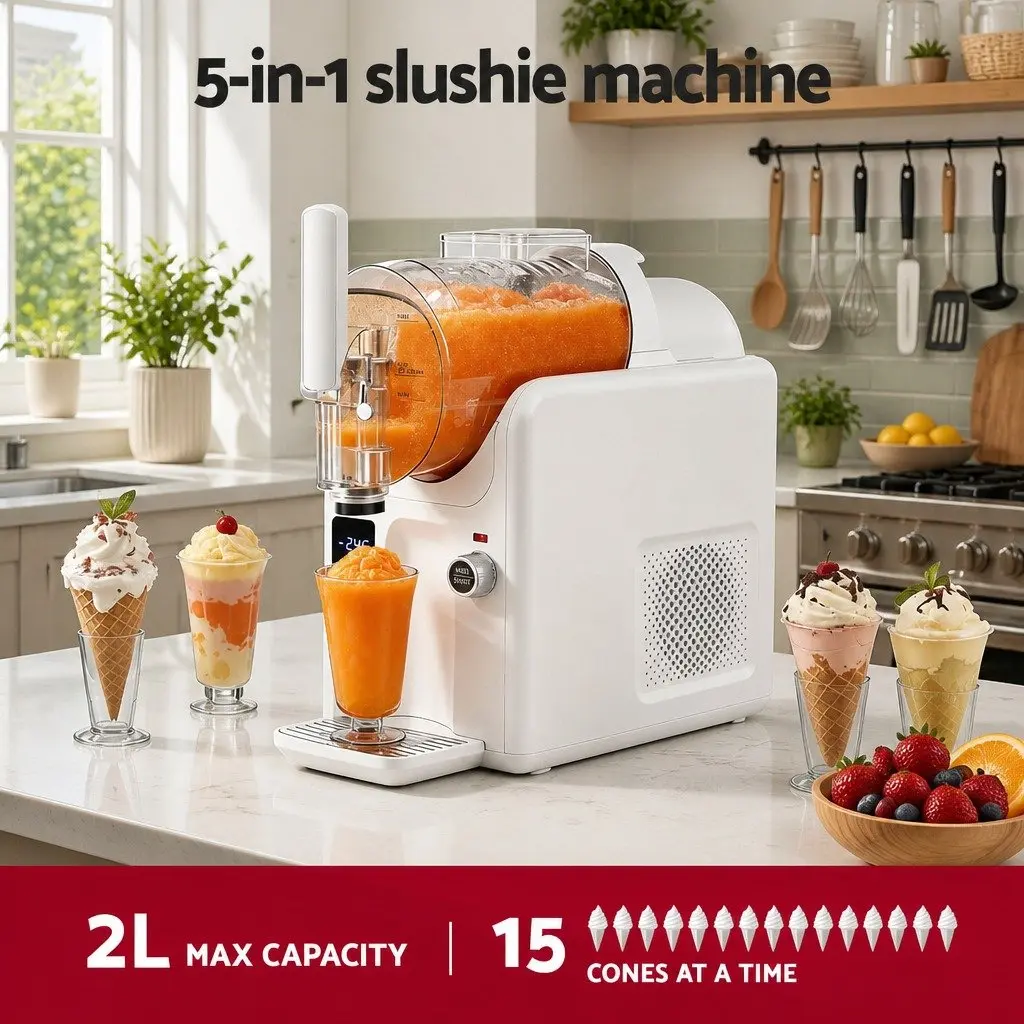 5in1 Slushie Machine Ice Cream Maker 2L White Soft Serve Frozen Drinks Home