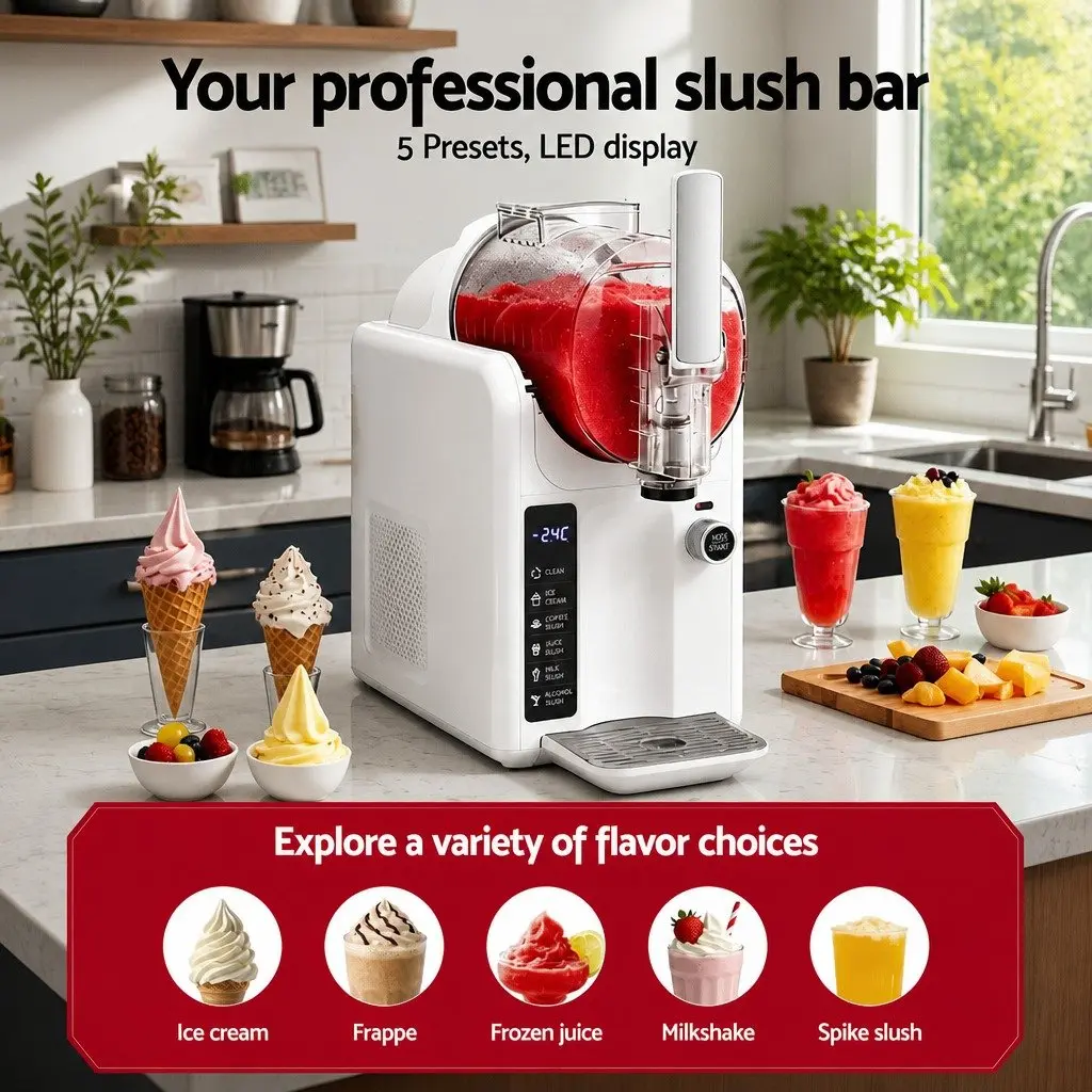 5in1 Slushie Machine Ice Cream Maker 2L White Soft Serve Frozen Drinks Home