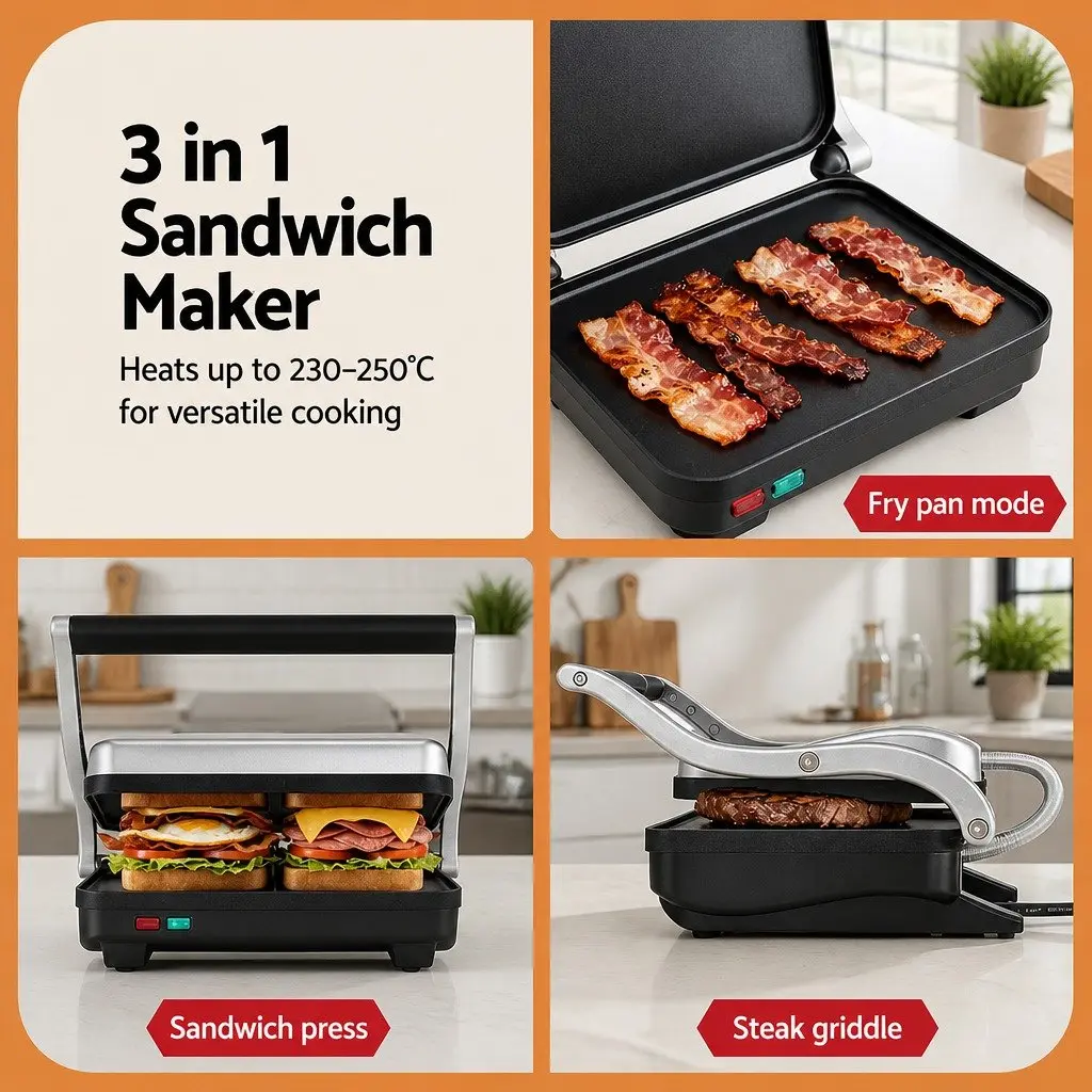 3 in 1 Sandwich Maker Steak Press Grill 1000W Toastie Press Fry Pan Black