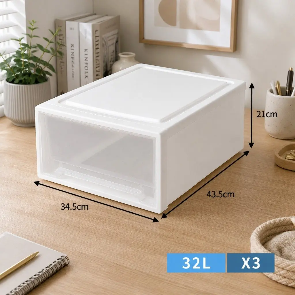 Storage Drawers Large Stackable Containers 3PK Home Organiser Bedroom Bathroom