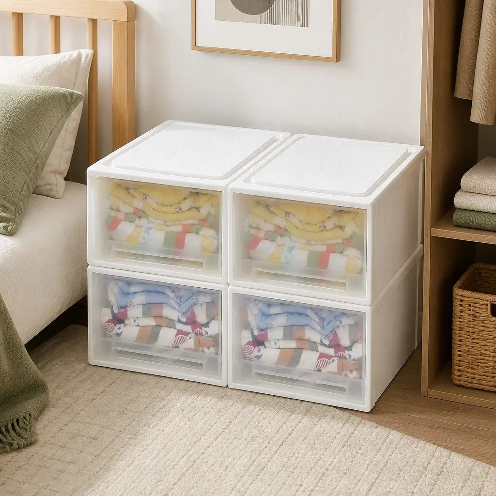 Storage Drawers Stackable Containers Large Capacity Organiser 4 Pack White