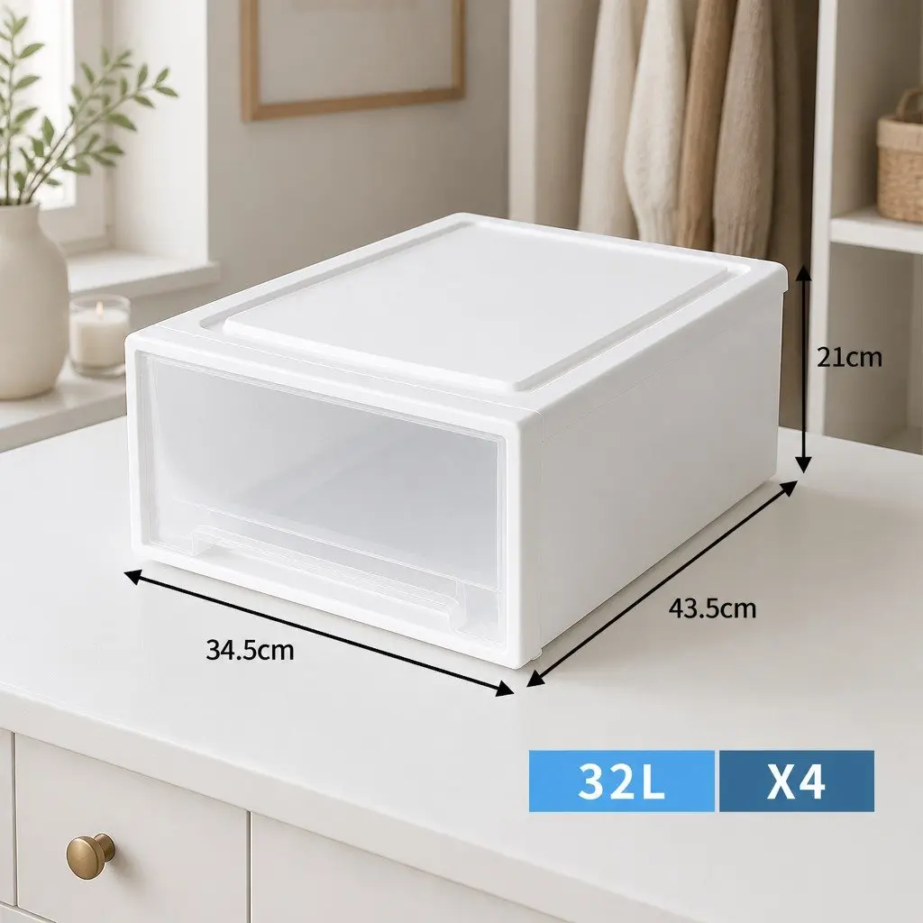 Storage Drawers Stackable Containers Large Capacity Organiser 4 Pack White