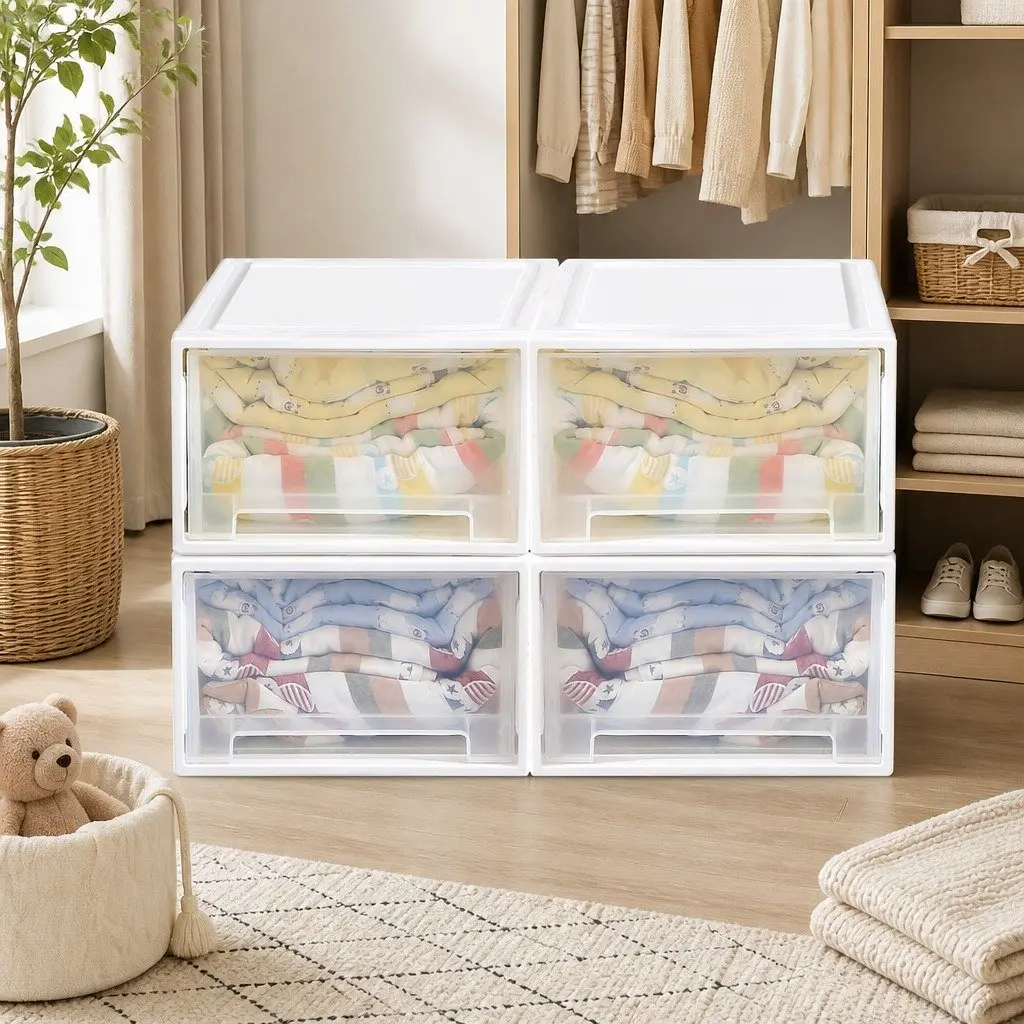 Storage Drawers Stackable Containers Large Capacity Organiser 4 Pack White
