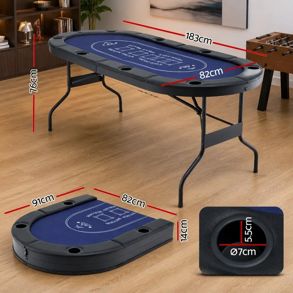 Poker Table Top Folding 8 Player Card Game 183cm Casino Felt Cup Holders