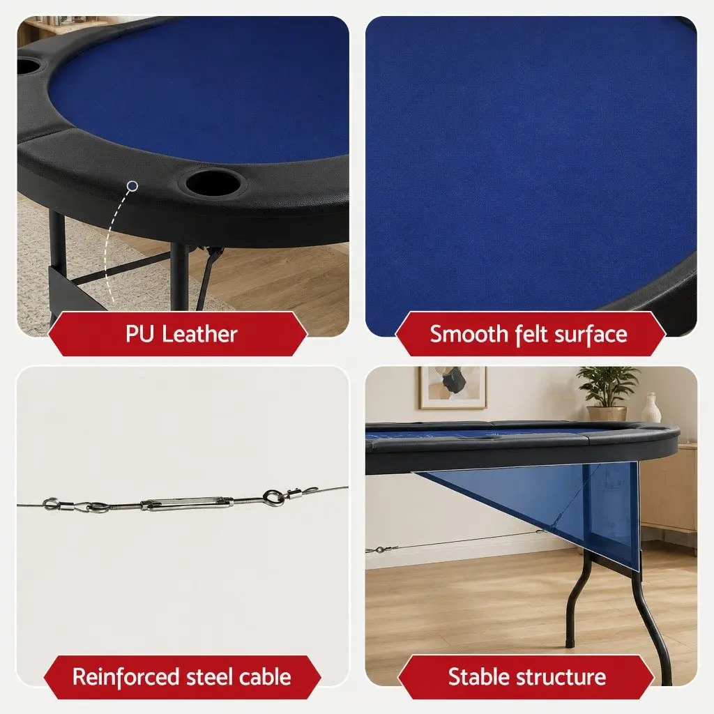Poker Table Top Folding 8 Player Card Game 183cm Casino Felt Cup Holders