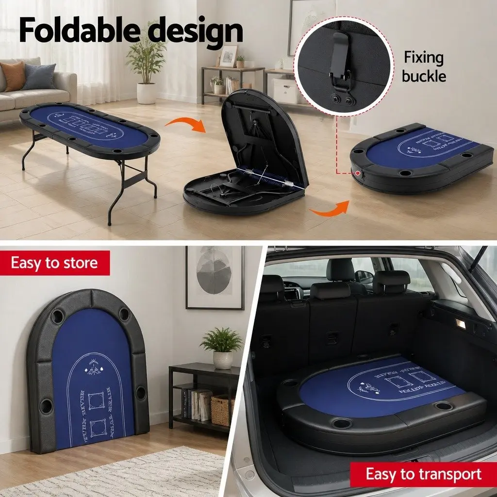 Poker Table Top Folding 8 Player Card Game 183cm Casino Felt Cup Holders