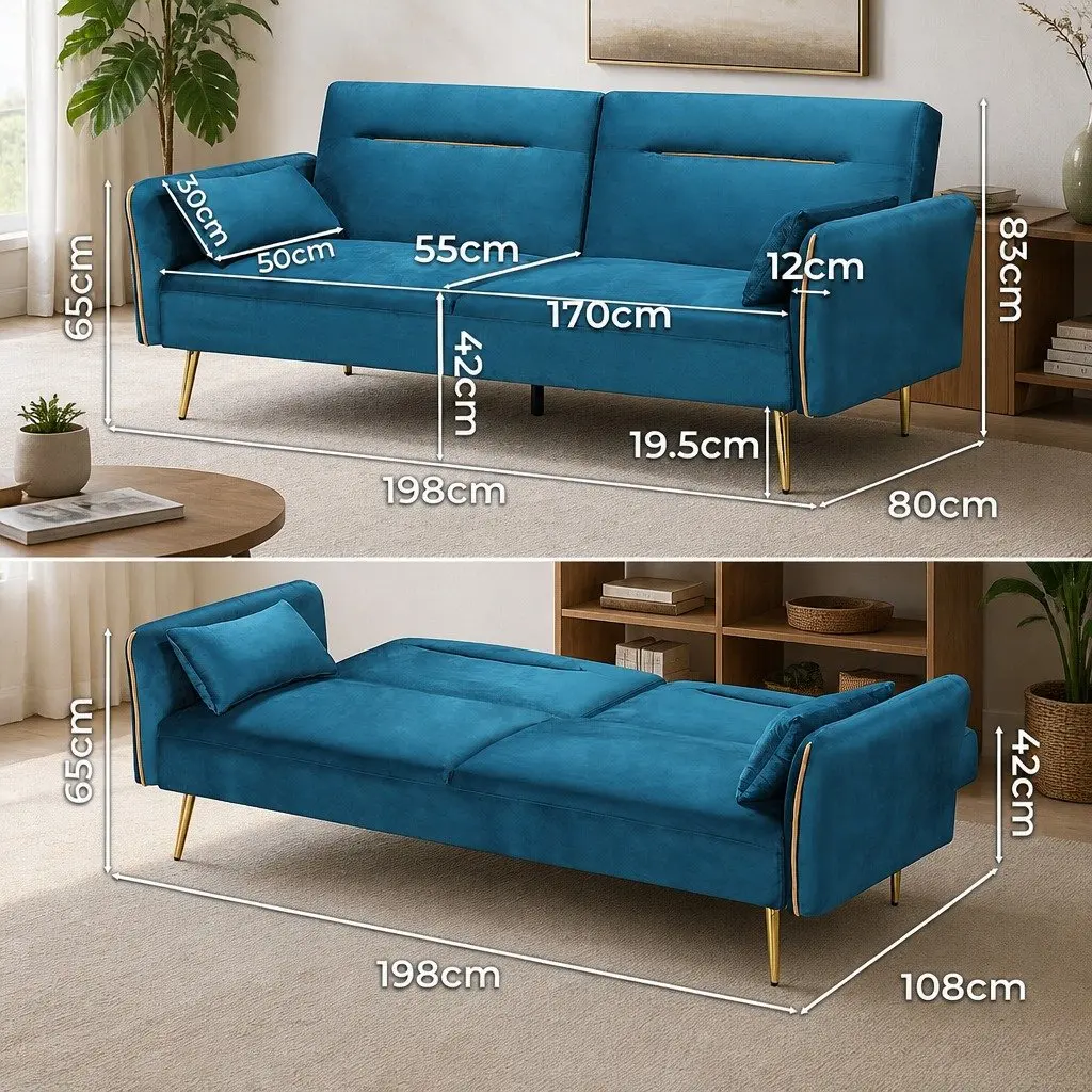 3-Seater Convertible Sofa Bed Futon Sleeper Couch Adjustable Backrest Lounger