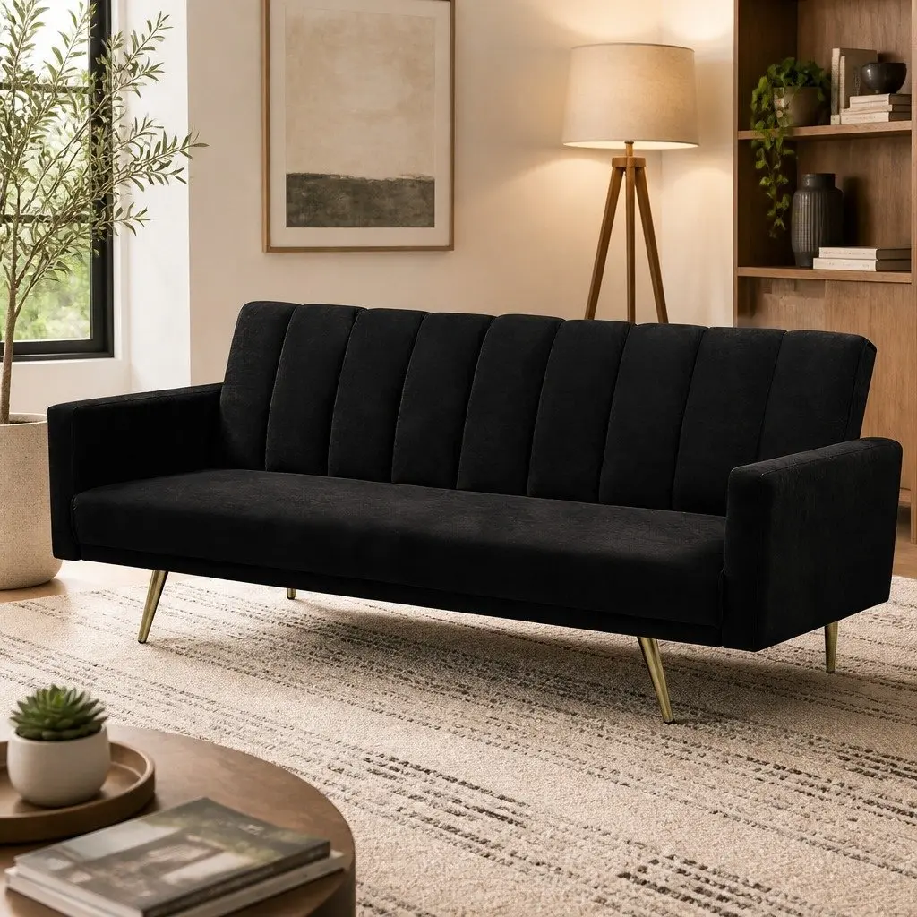 3 Seater Convertible Sofa Bed Velvet Lounge Recliner Couch Sleeper Black
