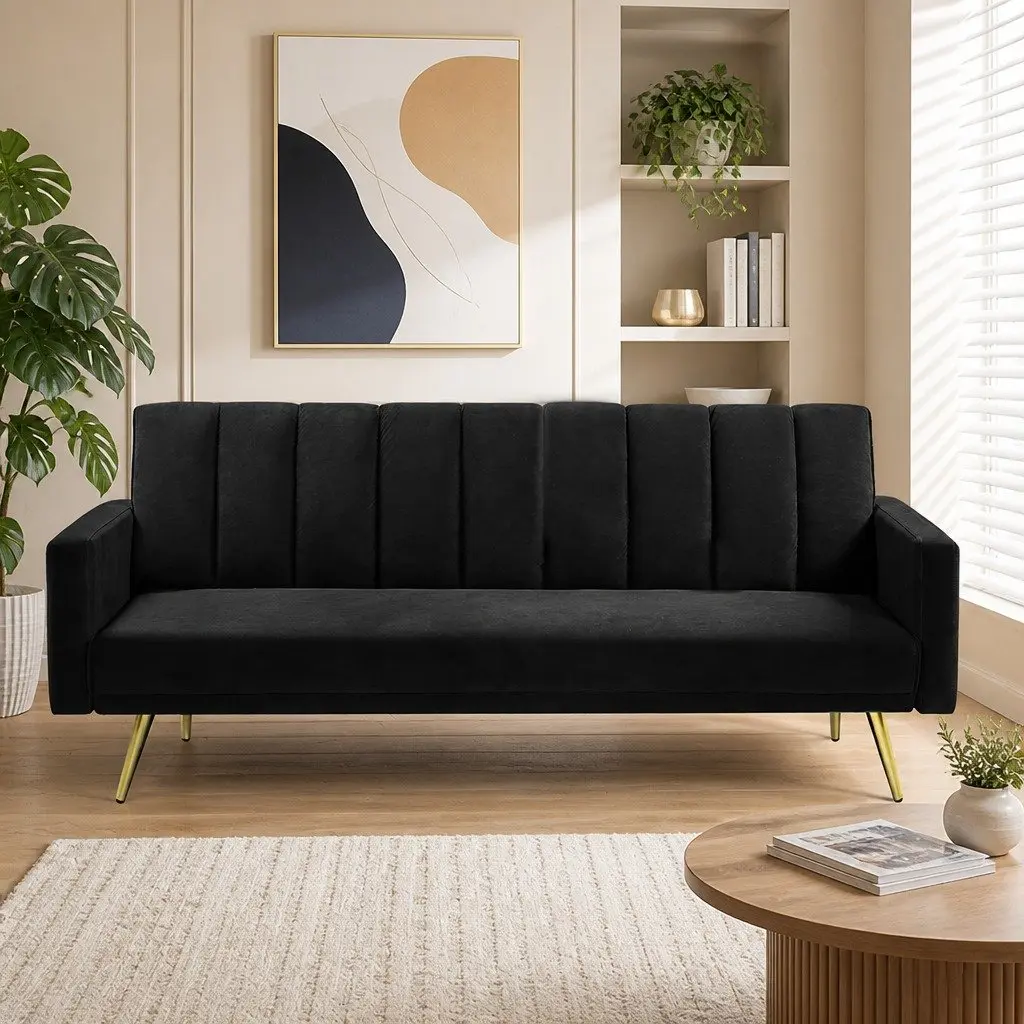 3 Seater Convertible Sofa Bed Velvet Lounge Recliner Couch Sleeper Black