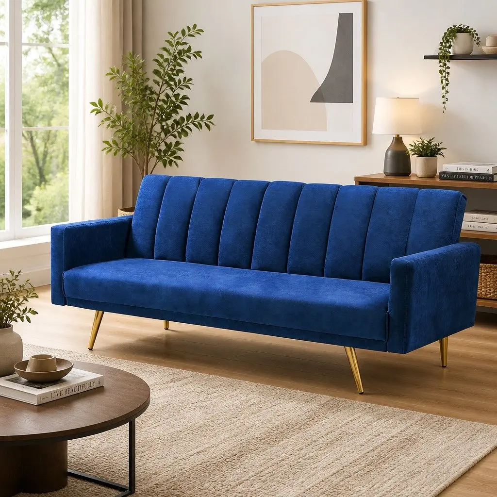 Convertible Sofa Bed for Living Room 3 Seater Velvet Blue