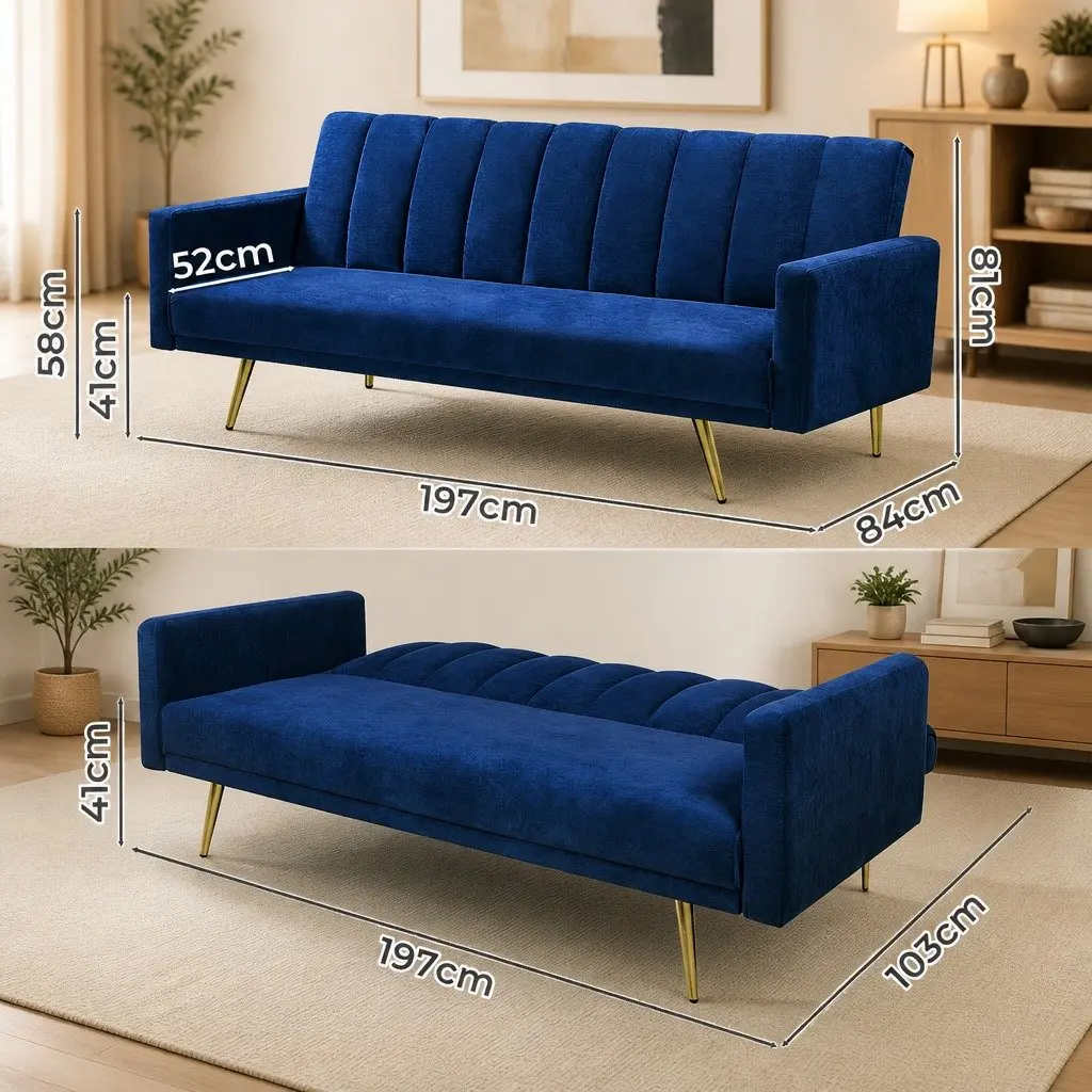 Convertible Sofa Bed for Living Room 3 Seater Velvet Blue