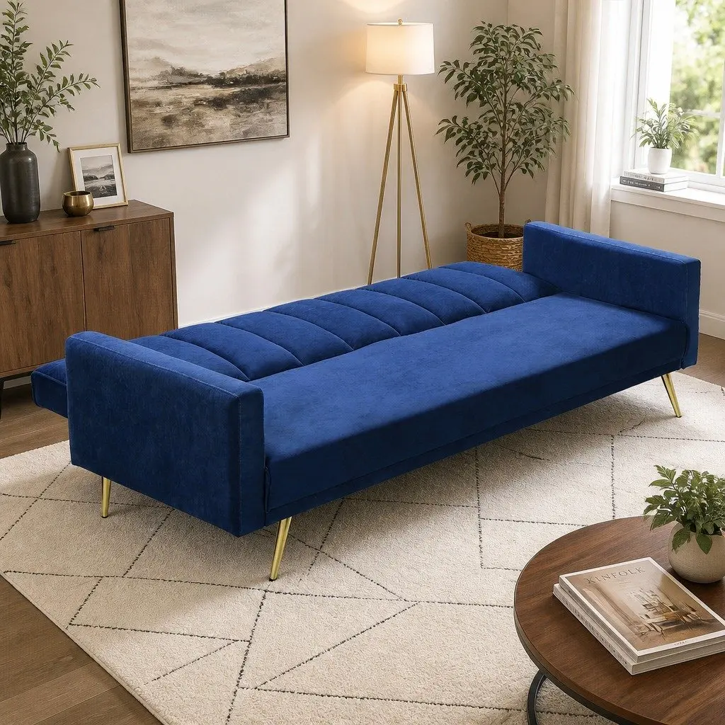 Convertible Sofa Bed for Living Room 3 Seater Velvet Blue