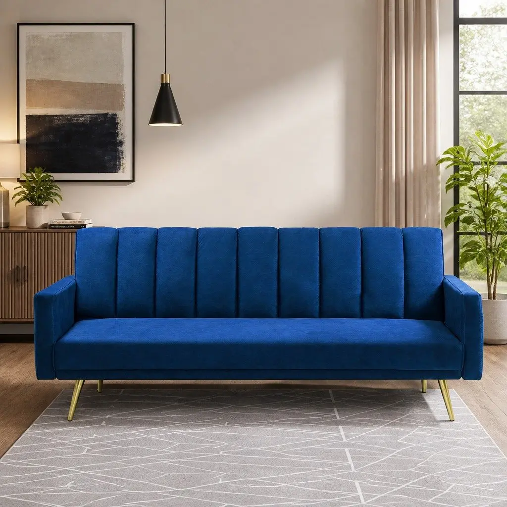 Convertible Sofa Bed for Living Room 3 Seater Velvet Blue
