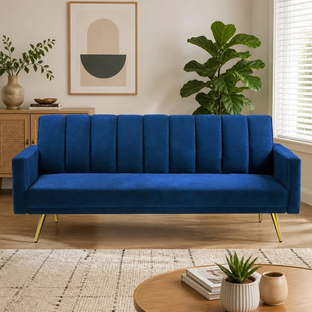 Convertible Sofa Bed for Living Room 3 Seater Velvet Blue