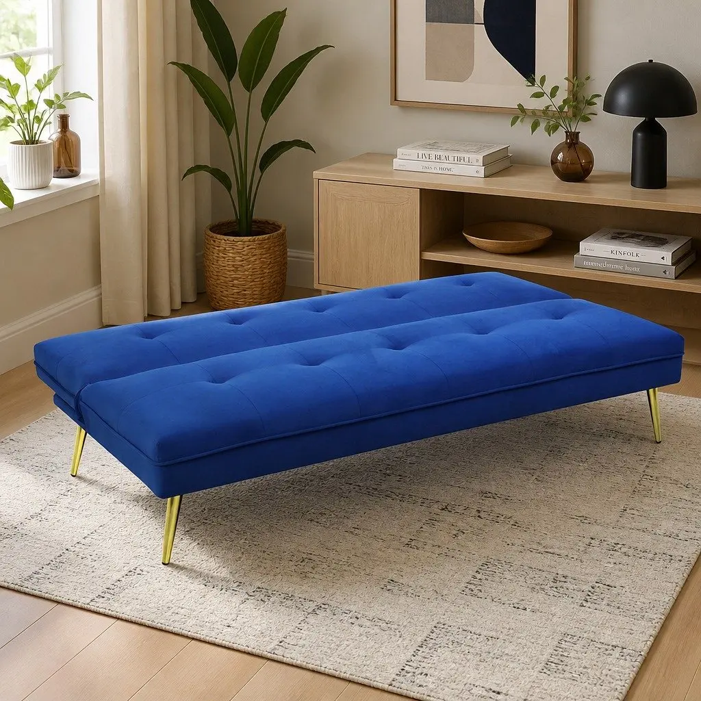 3 Seater Sofa Bed Convertible Velvet Adjustable Backrest Lounge Couch Deep Blue