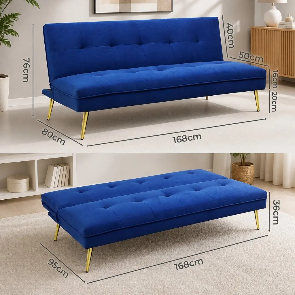 3 Seater Sofa Bed Convertible Velvet Adjustable Backrest Lounge Couch Deep Blue