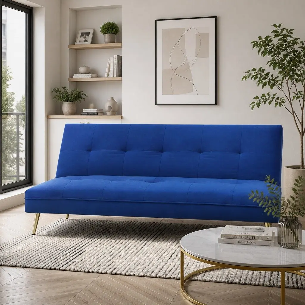 3 Seater Sofa Bed Convertible Velvet Adjustable Backrest Lounge Couch Deep Blue