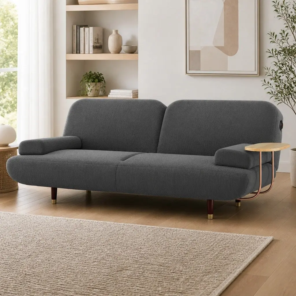 Convertible Sofa Bed 3-Seater Adjustable Backrest USB Charging Side Table Grey