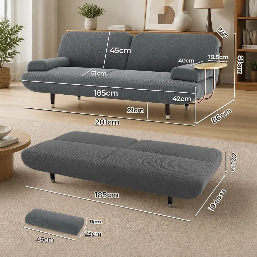 Convertible Sofa Bed 3-Seater Adjustable Backrest USB Charging Side Table Grey